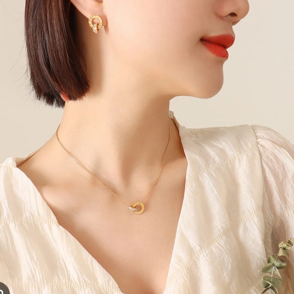 Elegant Roman Numeral Titanium Steel Inlay Artificial Gemstones Earrings Necklac